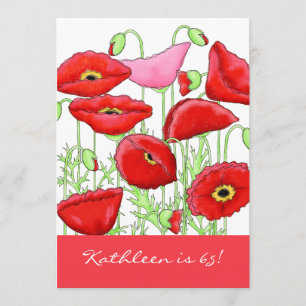Red Rosa Poppy Flowers 65e Födelsedagsfest Inbjuda Inbjudningar