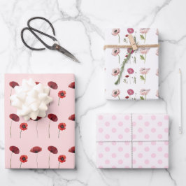 Red Rosa Poppy Flowers & Rosa Polka dots Mönster