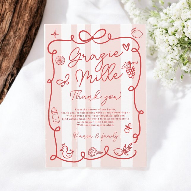 Red Rosa Rand italiensk-Thated Ciao Baby Shower Tack Kort (Red Pink Stripes Italian-Themed Ciao Baby Shower Thank You Card)