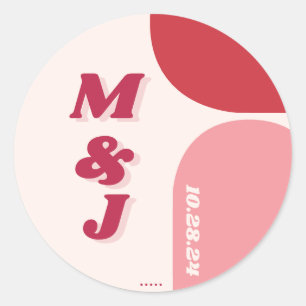 Red Rosa Retro Arch Bröllop Monogram Runt Klistermärke