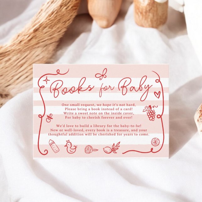 Red Rosa Retro Cute Illustrated Bokar Baby Shower Inbjudningar (Red pink retro books for baby digital download)