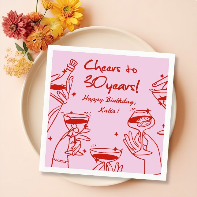 Red Rosa Retro Handdraw Funky Cocktail Birthday Pappersservett (Skapare uppladdad)