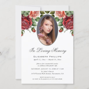 Red Rosa ros Blommigt Photo Memorial Service Inbjudningar
