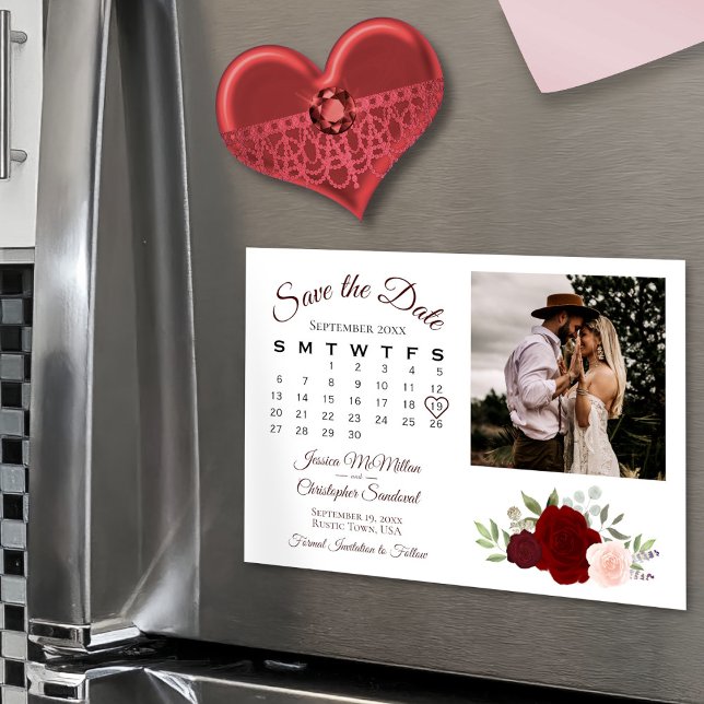 Red & Rosa ros Calendar & Photo Save Date Magnetisk Inbjudningskort (In Situ)