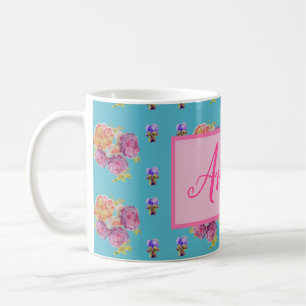 Red Rosa ros Shabby chic Teal Aqua Blommigt Flower Kaffemugg