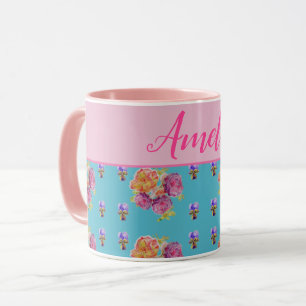 Red Rosa ros Shabby chic Teal Aqua Blommigt Flower Mugg