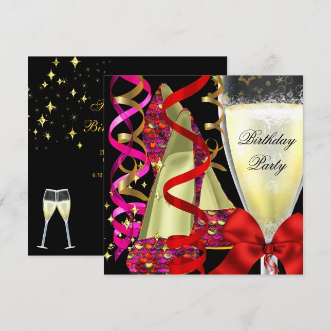 Red Rosa Shoes Sequins Födelsedagsfest Inbjudningar (Fram/baksida)