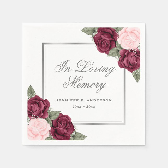 Red  Rosa Silver Blommigt Funeral Memorial Pappersservett (Framsidan)