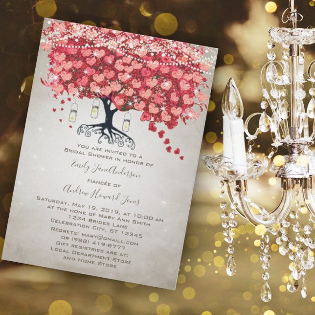 Red Rosa Silver Woodsy Heart Möhippa Löv Inbjudningar (Skapare uppladdad)