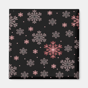 Red/Rosa Snöflingor på Black Winter Season Magnet