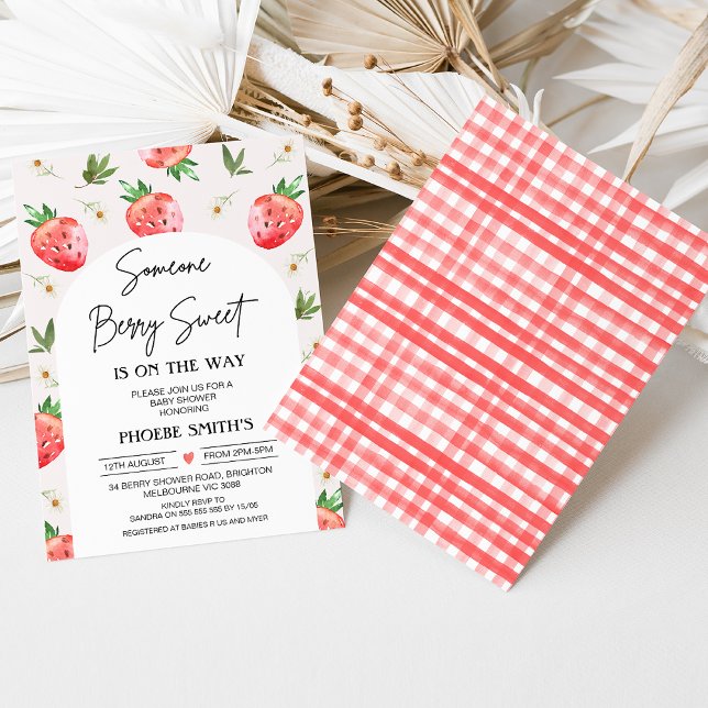 Red Rosa Strawberry Daisy Berry Sweet Baby Shower Inbjudningar (Girls Someone Berry Sweet is on the Way Baby Shower Invitation, Arch, Strawberry Strawberries Daisy)