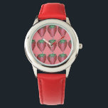 Red Rosa Sweet Strawberry Strawberry Berry Fruit Armbandsur<br><div class="desc">Titta på en originalmarkör som illustrerar en rad röda jordgubbar på en rosa bakgrund. Ser du inte vad du är tittar för? Behöver du hjälp med anpassning? Kontakta Rebecca för att få något designat bara för dig.</div>