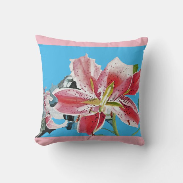 Red Rosa Tropily Lillies Flower Blommigt Blue Kudde (Framsida)