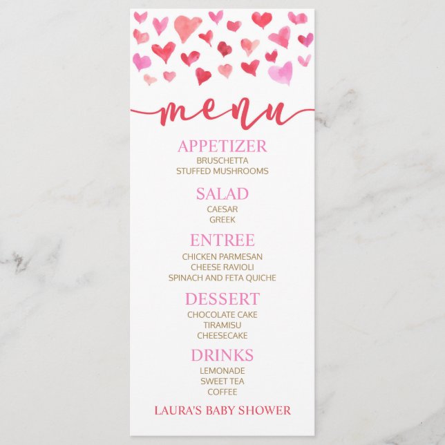 Red Rosa Valentine Baby Shower Food Menu Meny (Framsida)