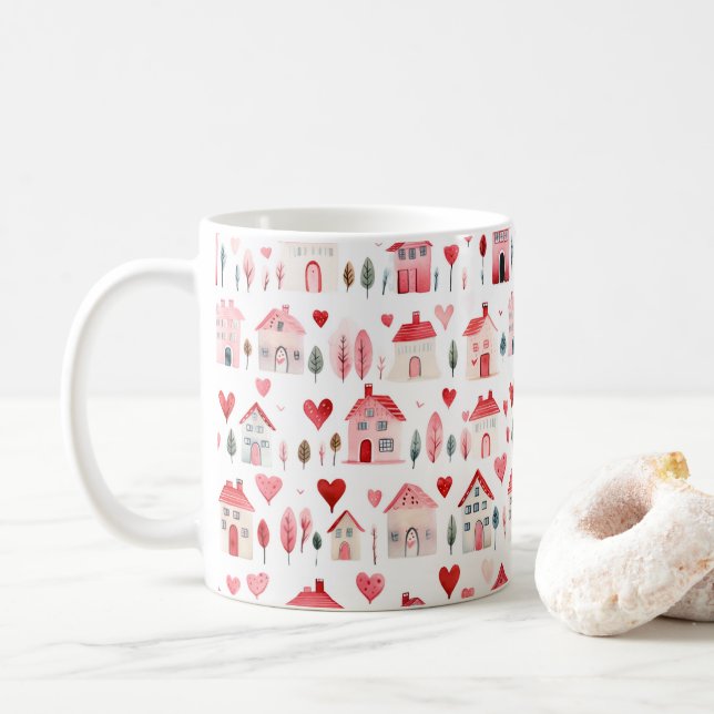 Red Rosa Watercolor Houseuppvärmning Kaffemugg (Med munk)