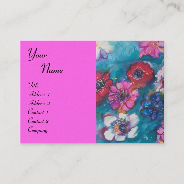 RED ROSA WHITE FLOWERS IN BLUE MONOGRAM Fuchsia Visitkort (Framsida)
