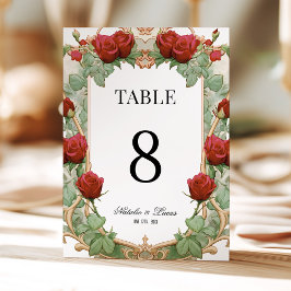 Red Rose Art Nouveau Wedding Table Number Inbjudningar