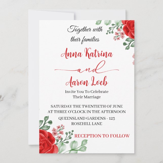 Red Rose Floral Wedding Invitation Template Inbjudningar (Framsida)