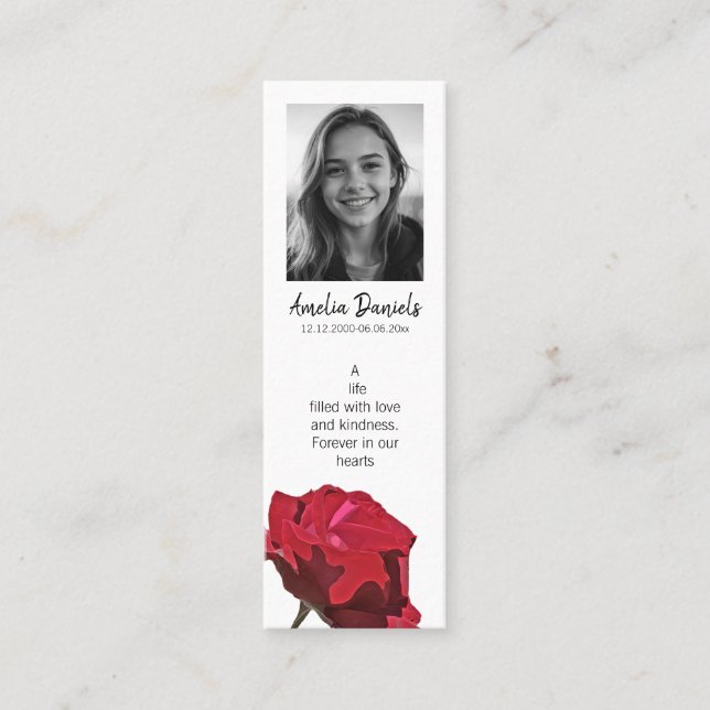 Red Rose Funeral Mini Bookmark Card Visitkort (Framsida)
