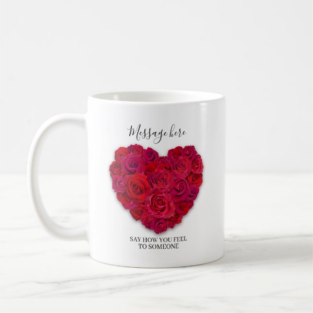 Red Rose Heart Romantic Floral Custom Text Kaffemugg (Vänster)