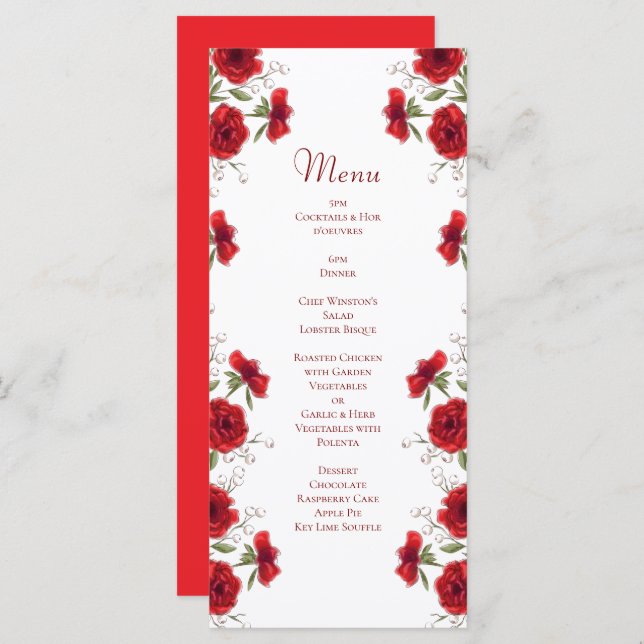 Red Rose Romantic Wedding Menus Meny (Fram/baksida)