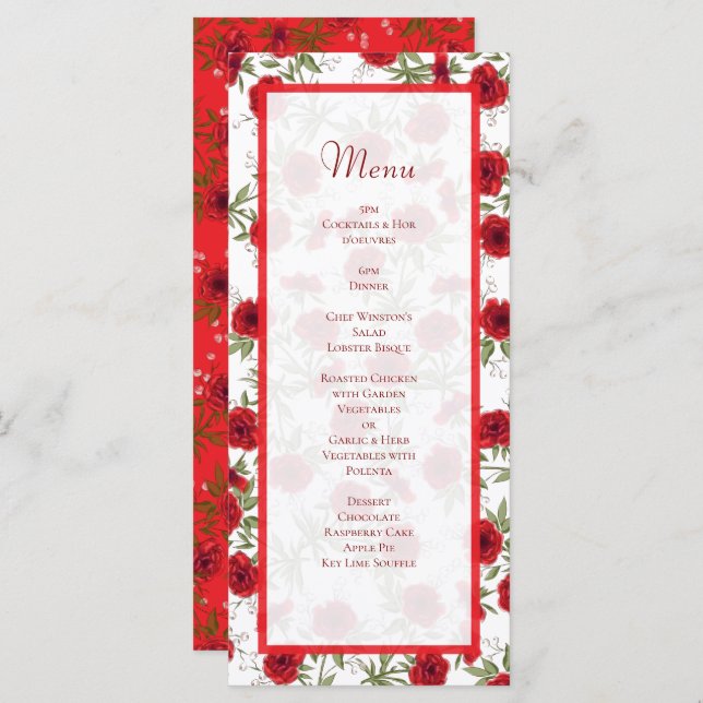 Red Rose Romantic Wedding Menus Meny (Fram/baksida)