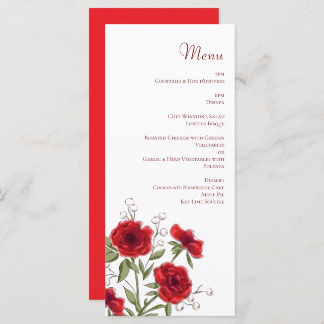 Red Rose Romantic Wedding Menus Meny (Fram/baksida)