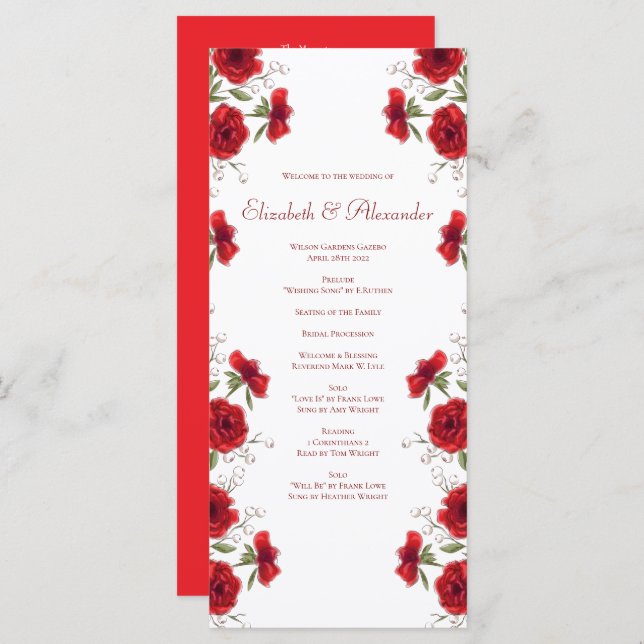 Red Rose Romantic Wedding Programs Meny (Fram/baksida)
