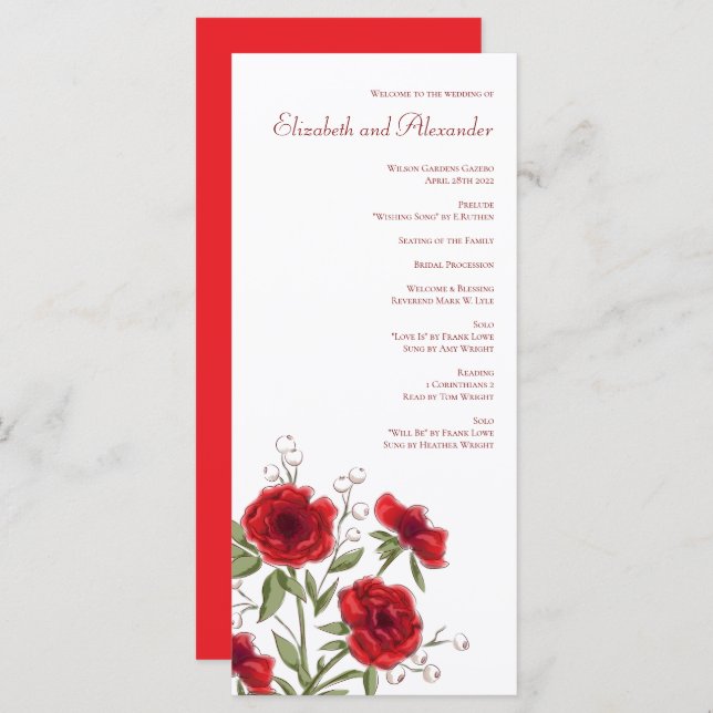 Red Rose Romantic Wedding Programs Meny (Fram/baksida)
