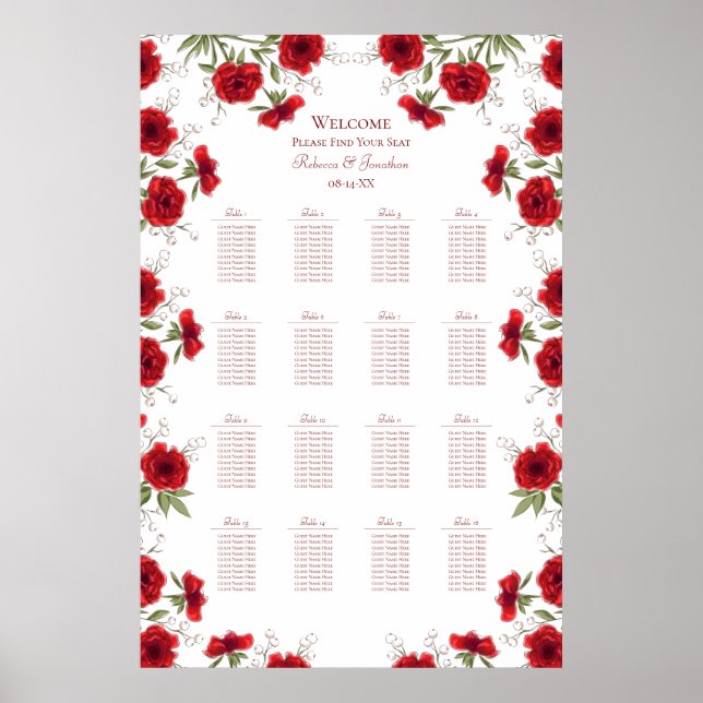 Red Rose Romantic Wedding Seating Chart Poster (Framsidan)