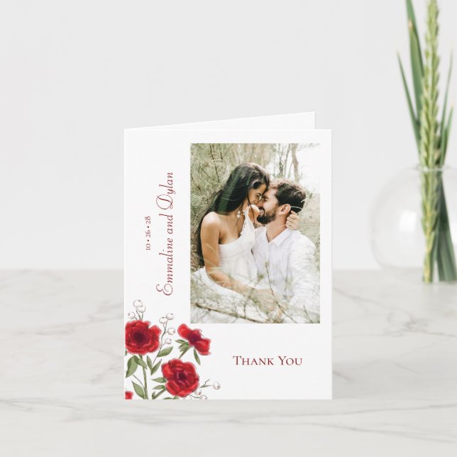 Red Rose Romantic Wedding Thank You Cards Photo Inbjudan (Framsida)