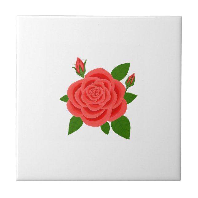 Red Rose With Buds White Ceramic Tile Kakelplatta (Framsidan)
