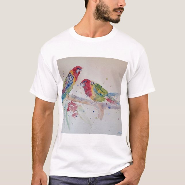 Red Rosella Parrot Watercolor Painting T Shirt (Framsida)