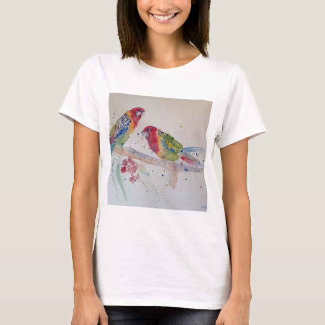Red Rosella Parrot Watercolor Painting T Shirt (Framsida)