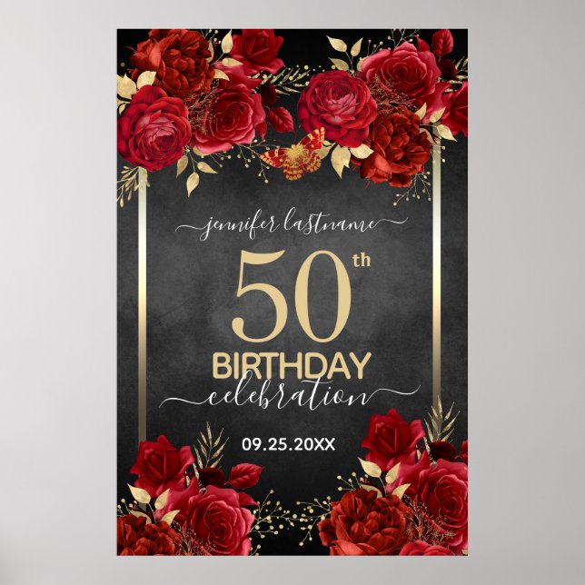 Red roses 50th birthday Large Format  Poster (Framsidan)
