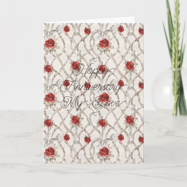 Red Roses Faux Wood Floral Anniversary Kort (Framsida)
