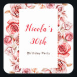 Red Roses Floral Birthday Fyrkantigt Klistermärke<br><div class="desc">Rustic birthday sticker with watercolor roses floral flowers and greenery. Perfect for a spring or summer wedding. The words can be changed to suit your own details or requirements</div>
