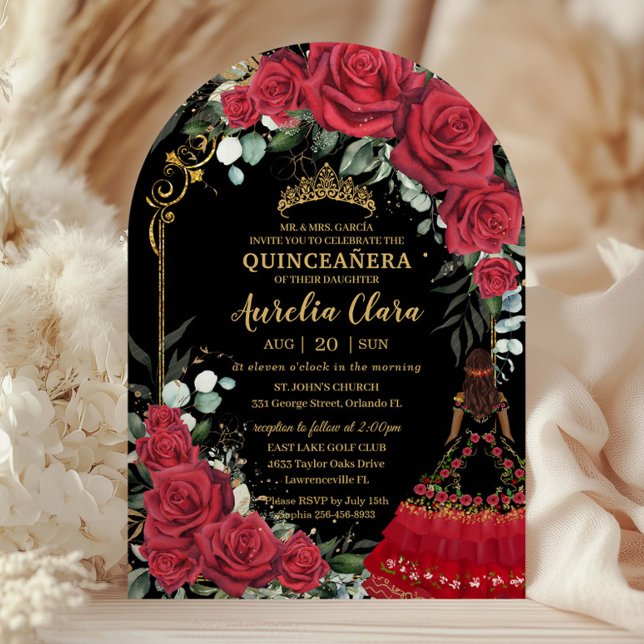 Red Roses Floral Black Charro Quinceanera 15 Arch Inbjudningar (Skapare uppladdad)