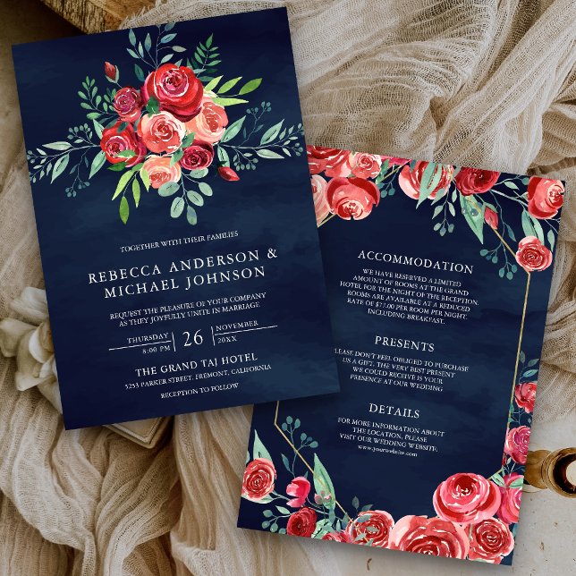 Red Roses Floral Bouquet All in One Navy Wedding Inbjudningar (Skapare uppladdad)