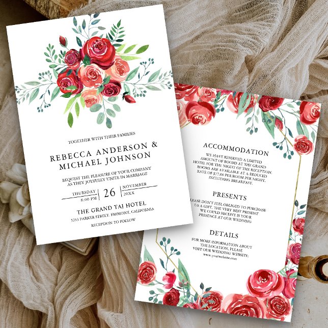 Red Roses Floral Bouquet All in One Wedding Inbjudningar (Skapare uppladdad)