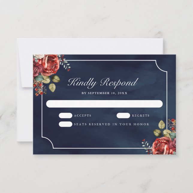 Red Roses Floral Navy Blue Wedding OSA Kort (Framsida)