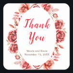 Red Roses Floral Wedding Fyrkantigt Klistermärke<br><div class="desc">Rustic birthday sticker with watercolor roses floral flowers and greenery. Perfect for a spring or summer wedding. The words can be changed to suit your own details or requirements</div>