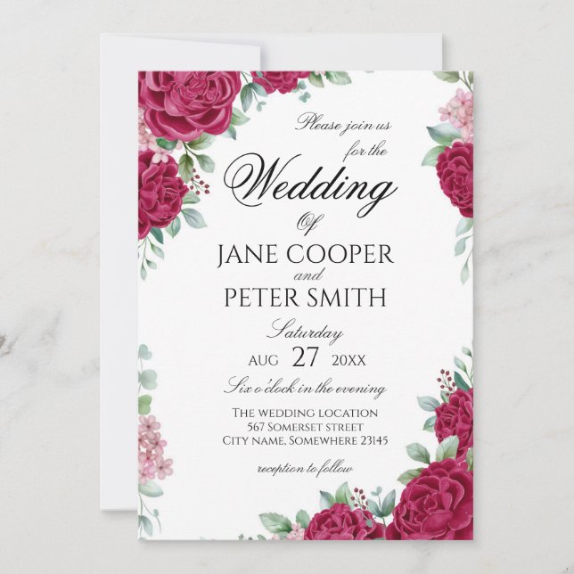 Red roses floral Wedding Invitation Inbjudningar (Framsida)