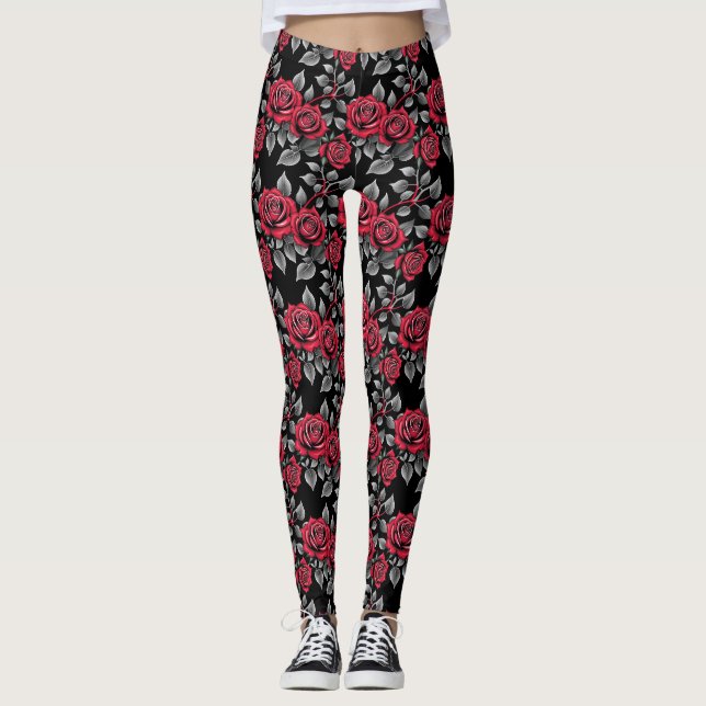 Red Roses On A Black Background Leggings (Framsida)