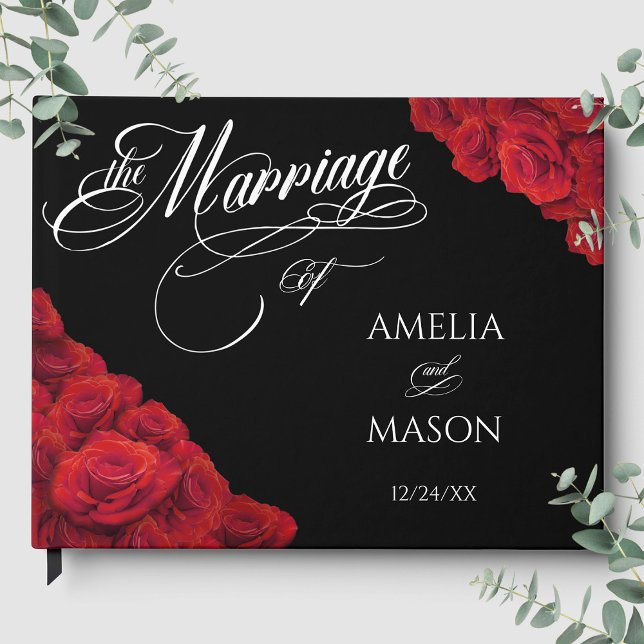 Red Roses Photo Calligraphy Script Black Wedding Gästböcker (Red Roses Photo Calligraphy Script Black Wedding Guest Book Front)