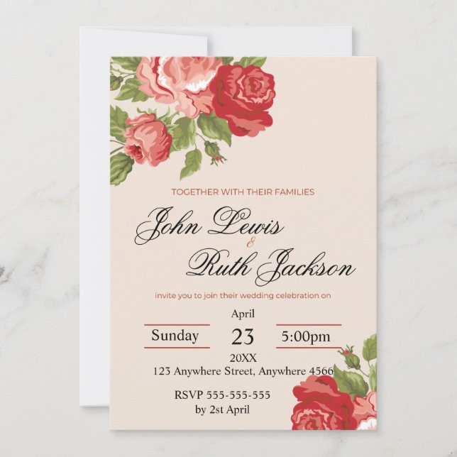 Red Roses Script Wedding Invitation | Elegant Roma Inbjudningar (Framsida)