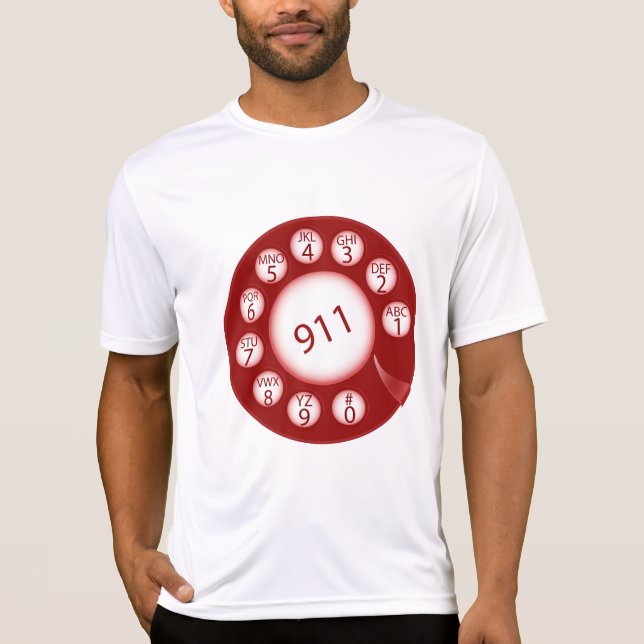 Red Rotary Phone Dial 911 Emergency Number T Shirt (Framsida)