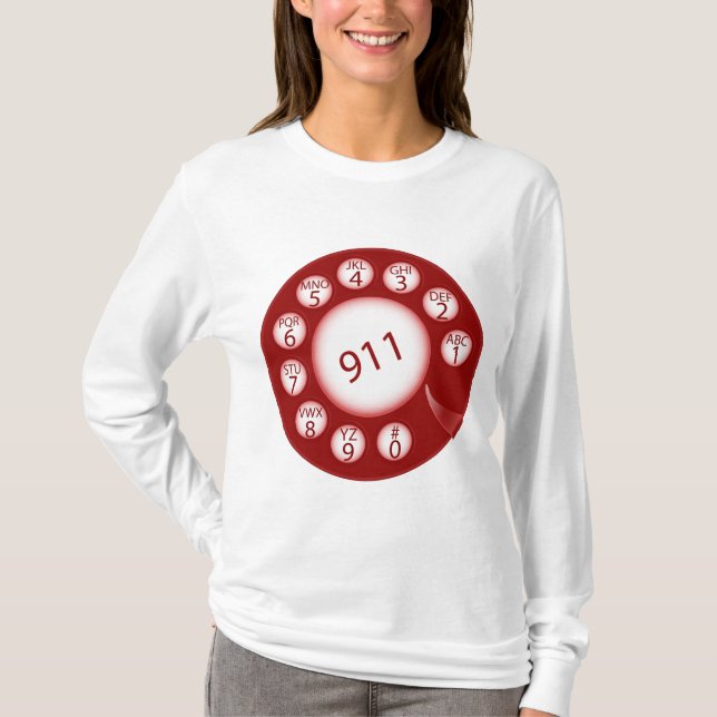 Red Rotary Phone Dial 911 Emergency Number T Shirt (Framsida)