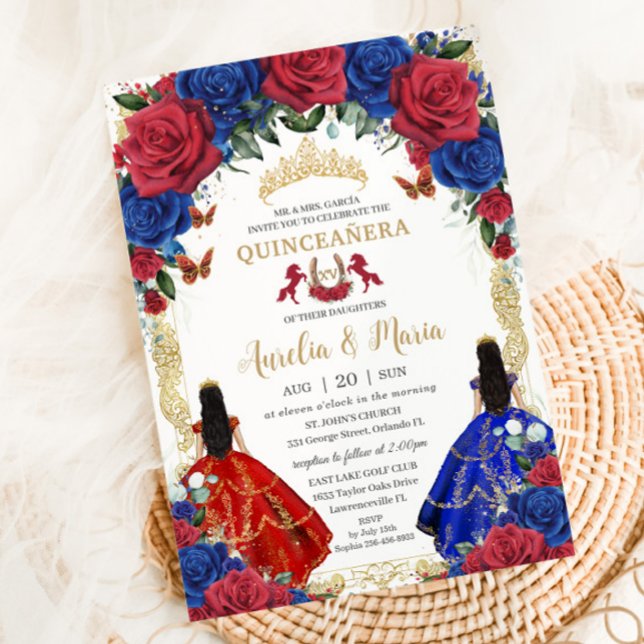 Red Royal Blue Blommigt Girls Twillingars Quinceañ Inbjudningar (Skapare uppladdad)