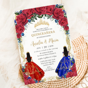 Red Royal Blue Blommigt Girls Twillingars Quinceañ Inbjudningar